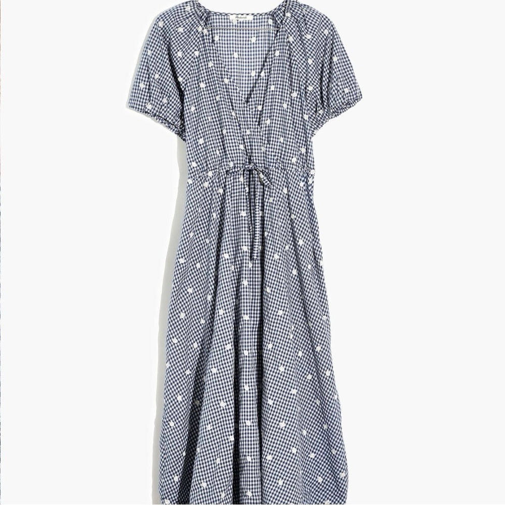 Madewell Embroidered Gingham Faux-Wrap Tie Waist Midi Dress